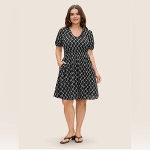 BloomChic Geometric Dress 1X NWT Plus Size Black White Puff Sleeve
